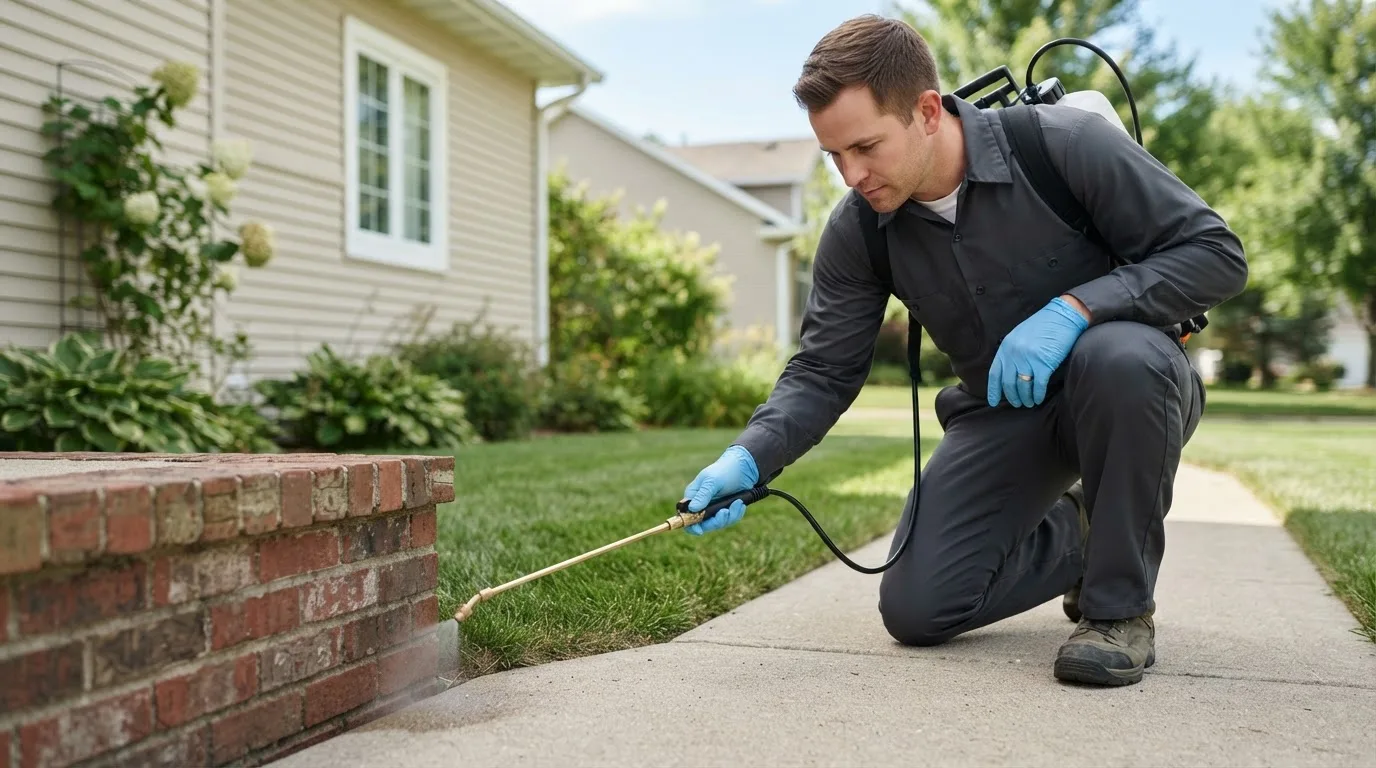 Pest control technician treating a home near Marvin, SD